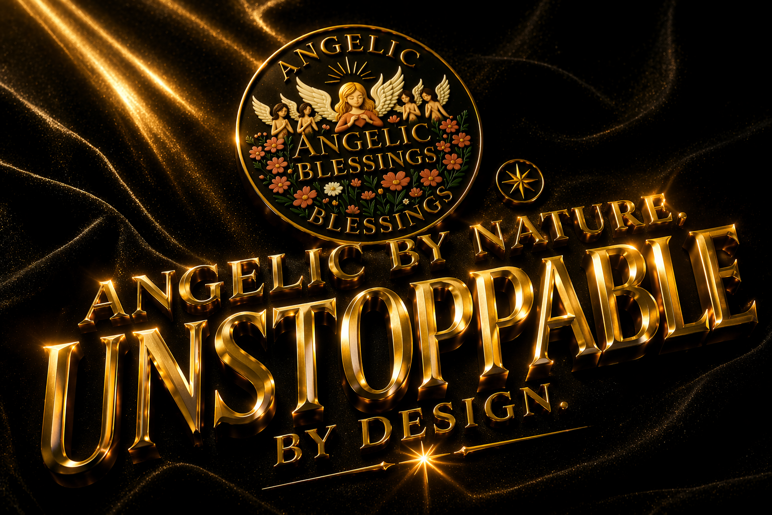 Angelic Blessings luxury fashion banner featuring modern aristocratic style with baroque bodycon and tartan heritage designs in black and gold