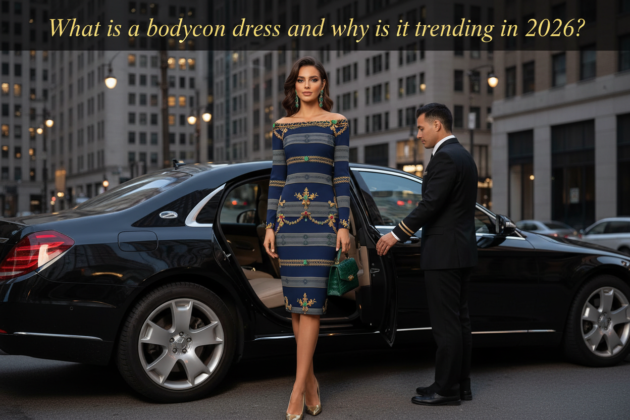 Elegant woman wearing a navy and gold baroque bodycon midi dress stepping out of a luxury car, styled with gold heels and a green handbag in a city setting