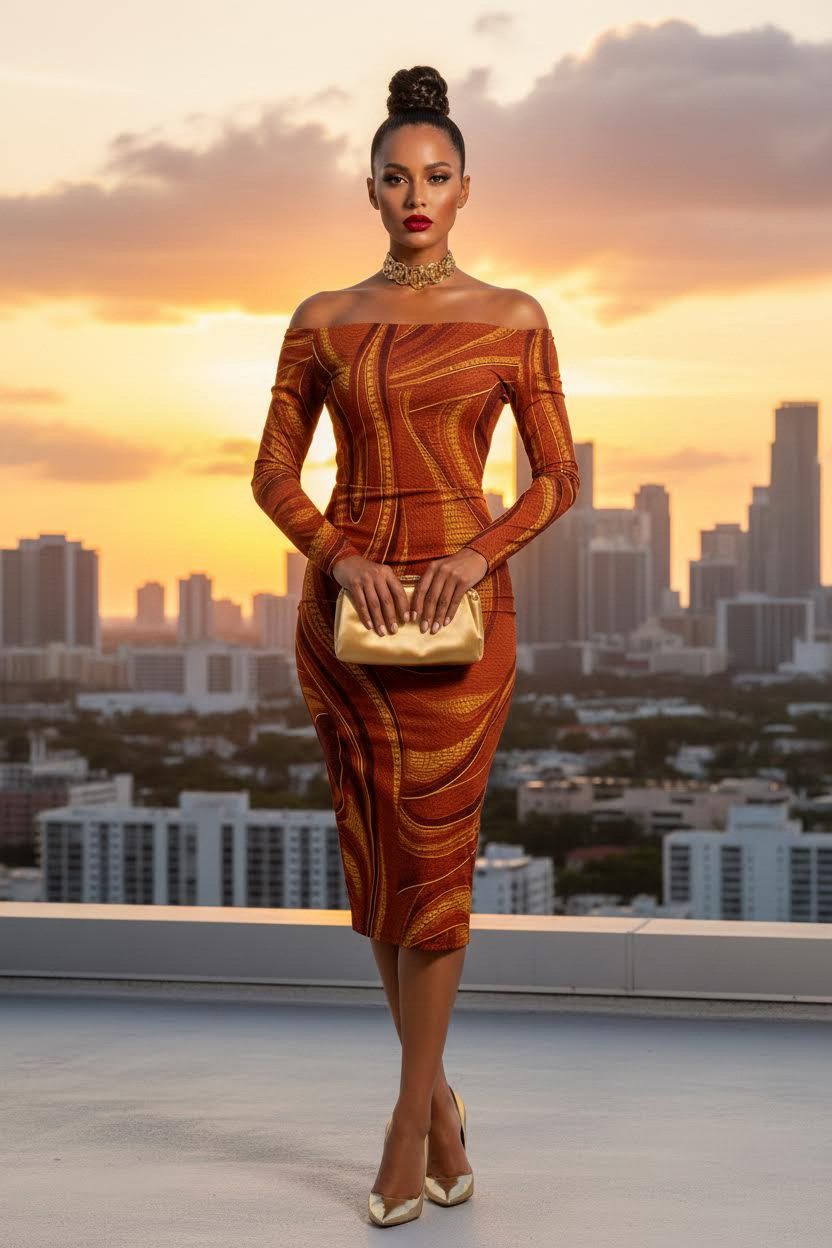 Brown and gold printed bodycon midi dress styled on a rooftop at sunset