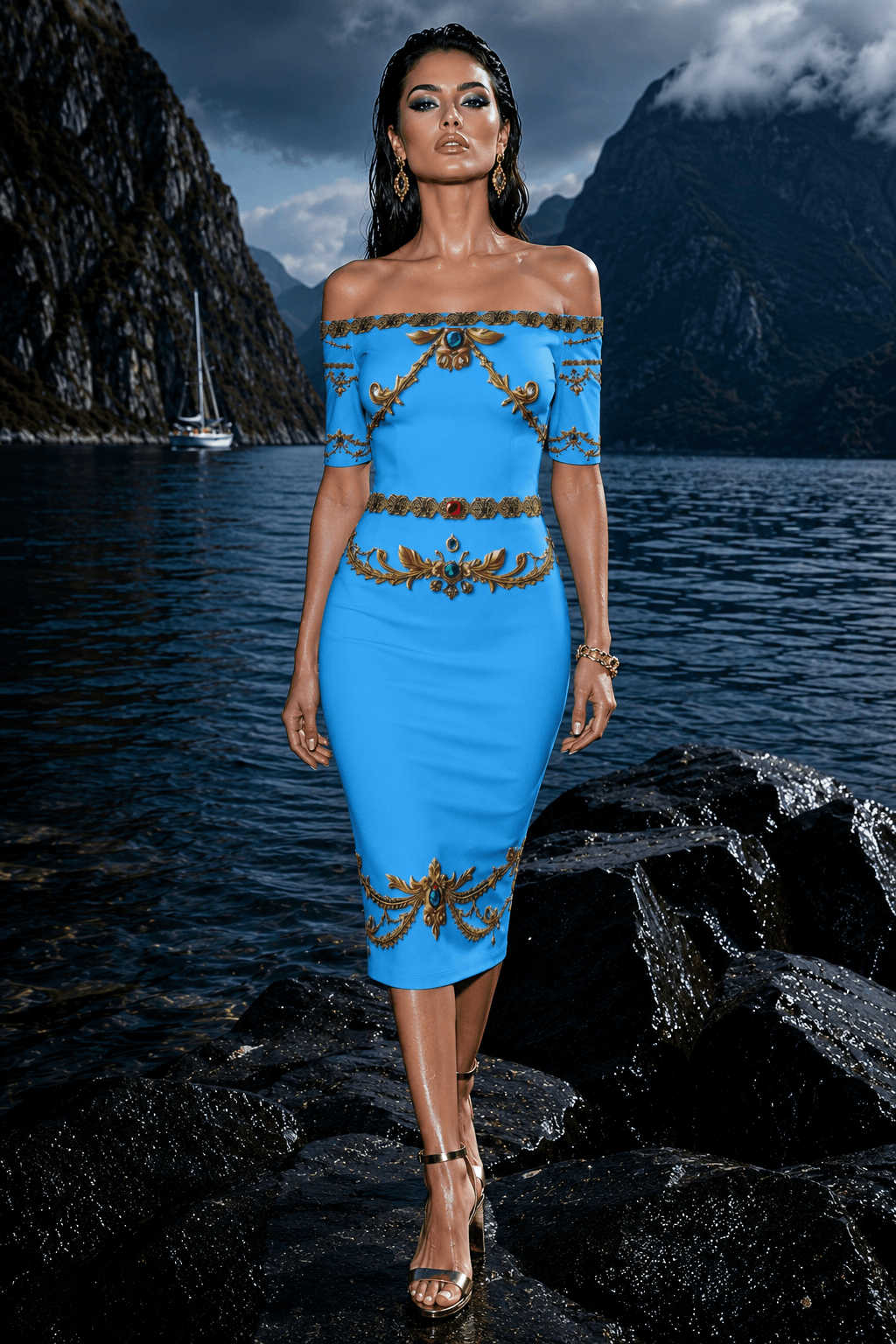 Ice blue off-shoulder dress with gold baroque print beside a mountain lake