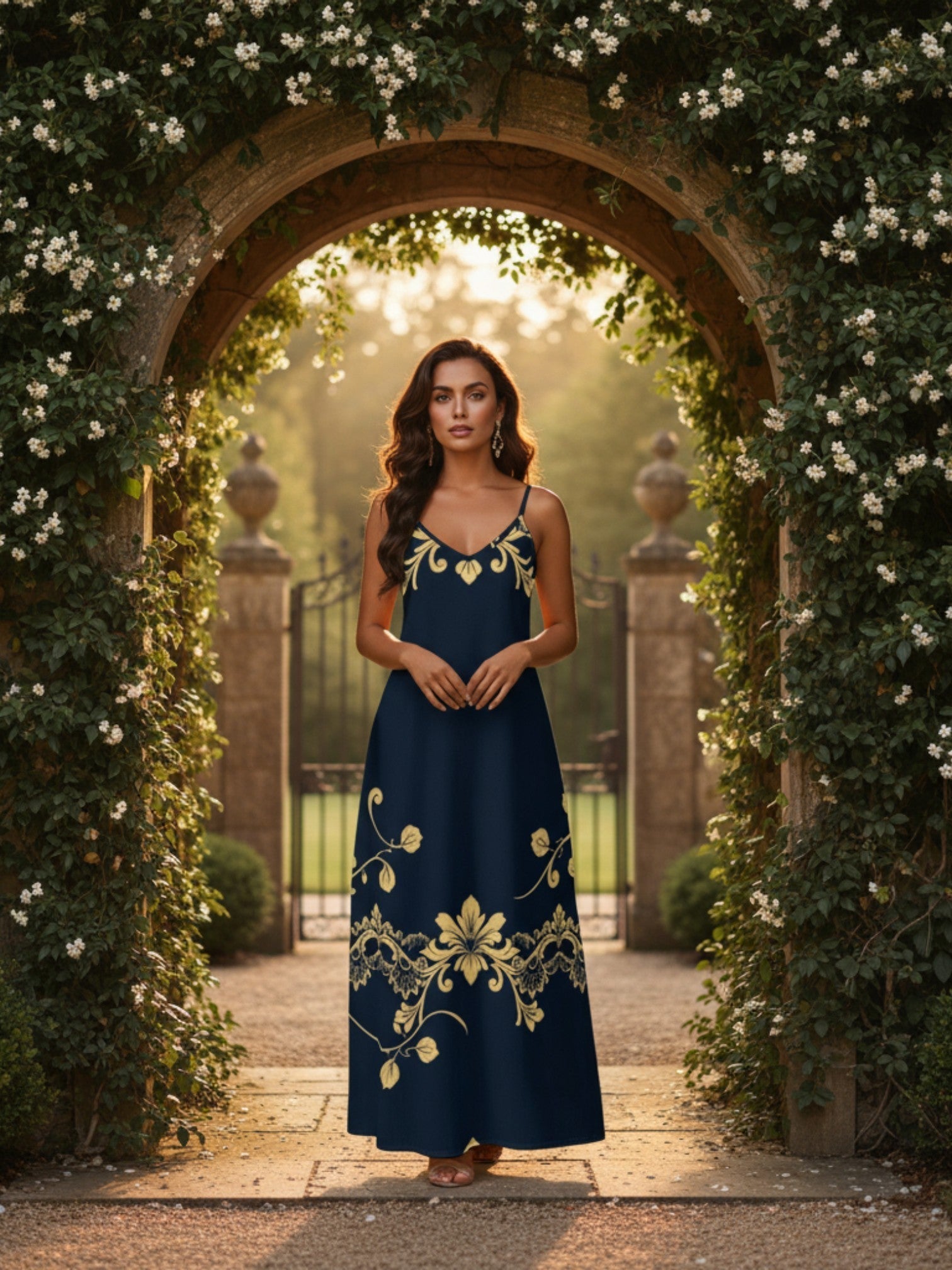 Woman wearing a navy blue dress with gold floral patterns showcasing made-to-order fashion designs in a garden archway
