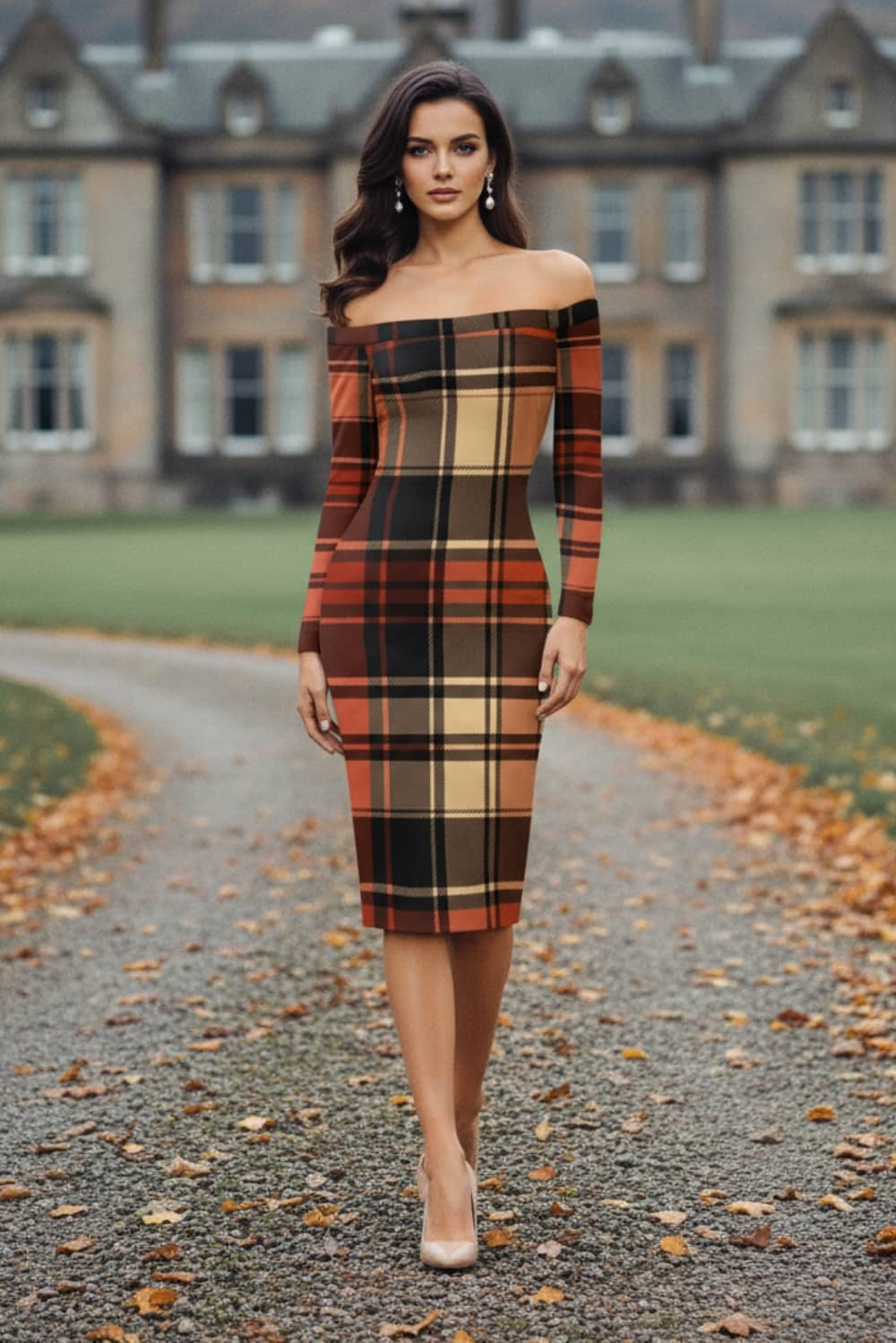 Woman wearing a heritage tartan dress with a beige coat, black gloves, and heels walking on a stone pathway