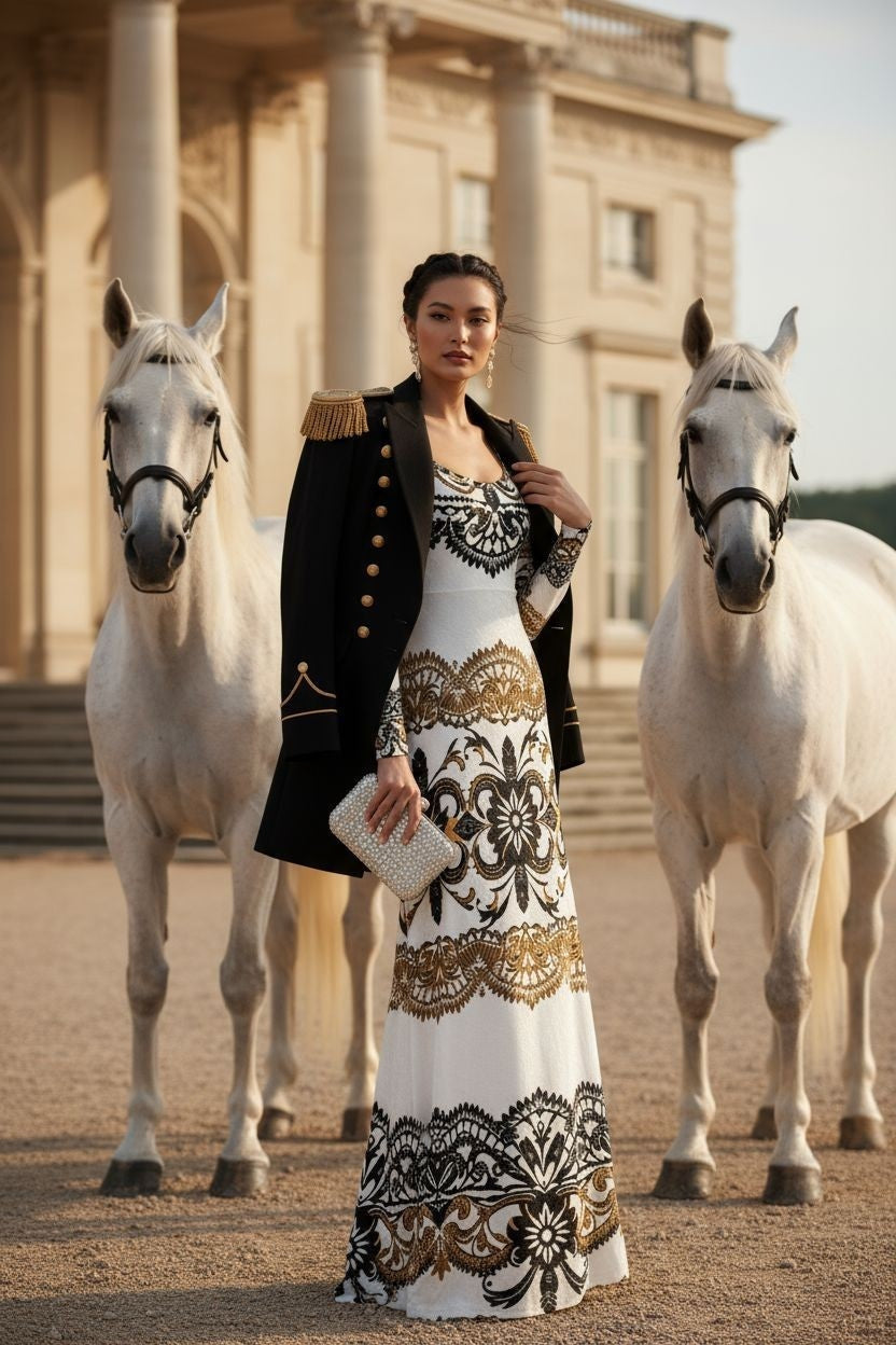 Woman wearing a blue and gold luxury formal maxi dress with long sleeves and intricate patterns standing between columns