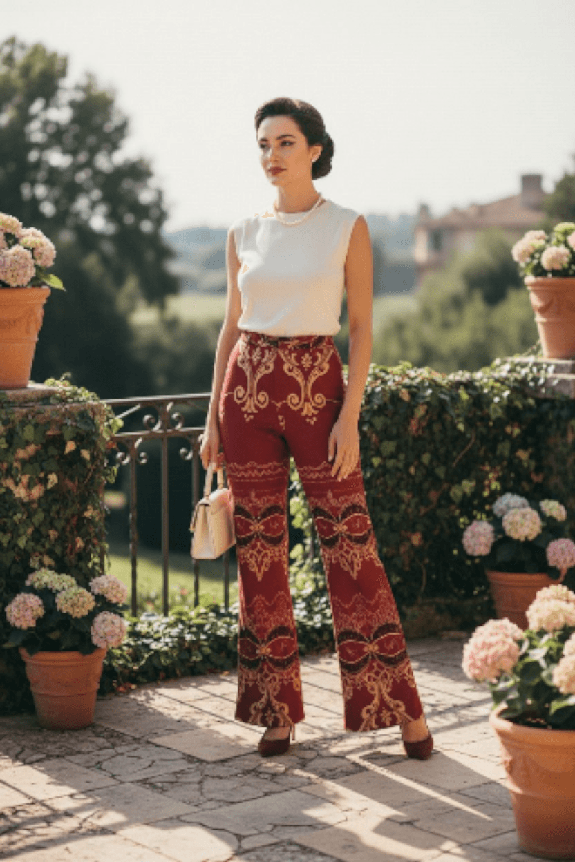 Woman wearing sophisticated couture trousers for ladies with ornate patterns and modern high-waist style outdoors
