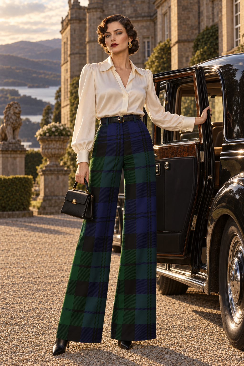 A woman stands beside a vintage black car in front of a grand stone mansion, wearing a white blouse and high-waisted wide-leg plaid trousers in green, navy, and black. She holds a small black handbag.