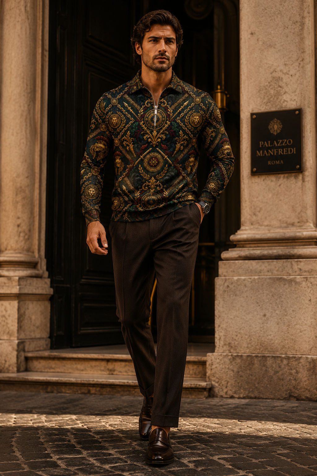 Men's Baroque Quarter-Zip Sweatshirt – Ancient Courage Design | Deep Petrol Blue & Antique Gold | Made to Order | S–5XL