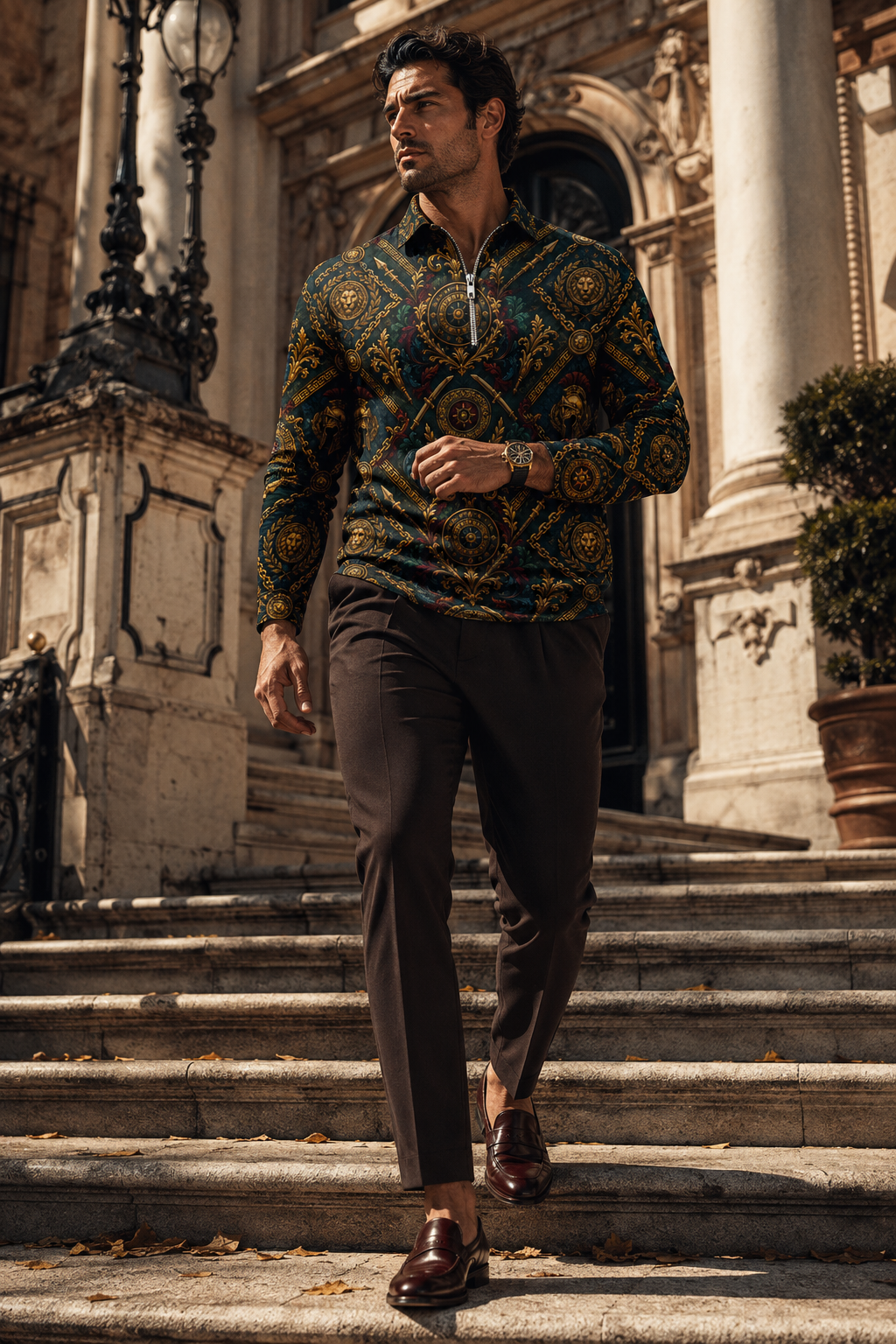 Men's Baroque Quarter-Zip Sweatshirt – Ancient Courage Design | Deep Petrol Blue & Antique Gold | Made to Order | S–5XL