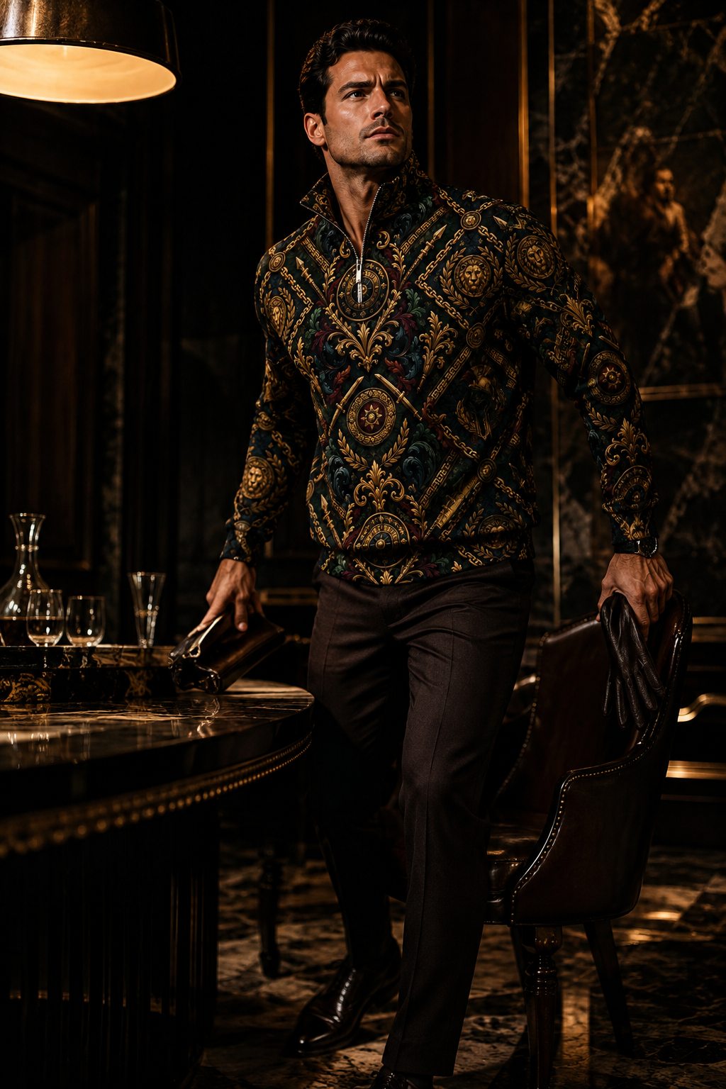 Men's Baroque Quarter-Zip Sweatshirt – Ancient Courage Design | Deep Petrol Blue & Antique Gold | Made to Order | S–5XL