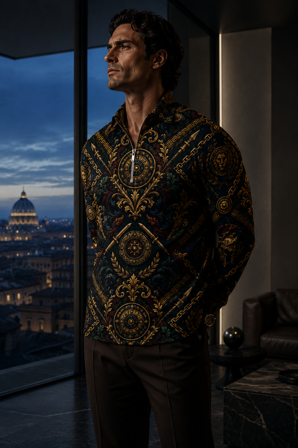 Men's Baroque Quarter-Zip Sweatshirt – Ancient Courage Design | Deep Petrol Blue & Antique Gold | Made to Order | S–5XL