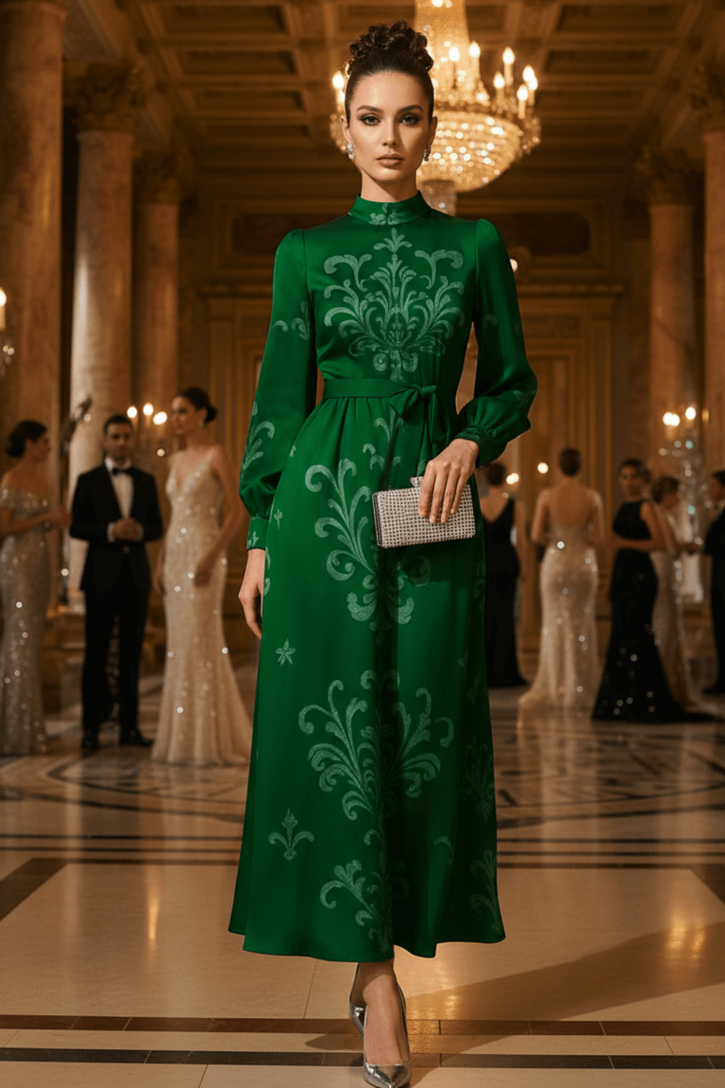 Woman in a green evening gown with intricate patterns in an elegant indoor setting.