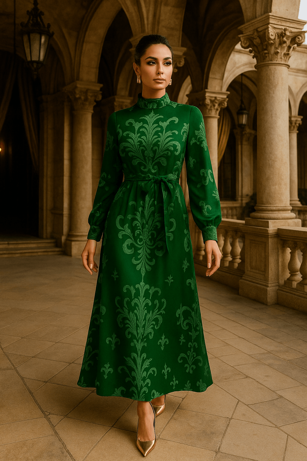 Woman in a green dress with intricate patterns standing in an elegant architectural setting.