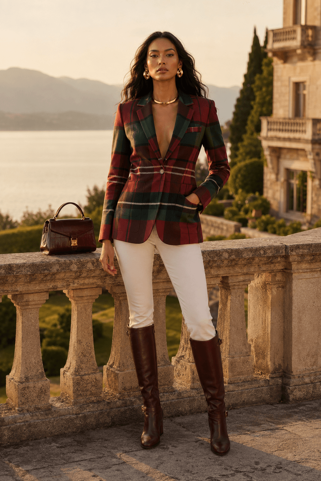 Edgy streetwear outfit with an oversized tartan blazer, heavy combat boots, and distressed denim for a 90s grunge look.