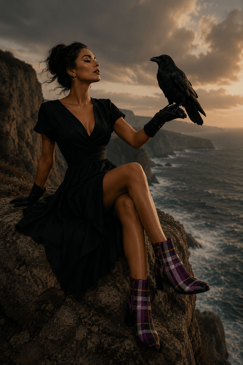 Amethyst Tartan ankle boots with elegant outfit for evening style on rocky coastline