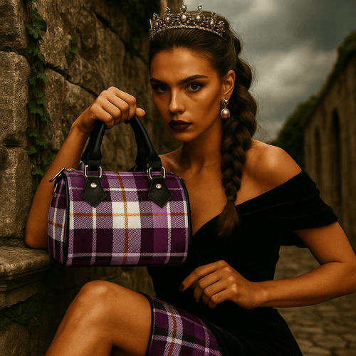 Amethyst tartan handbag with black handles elegant evening outfit accessory