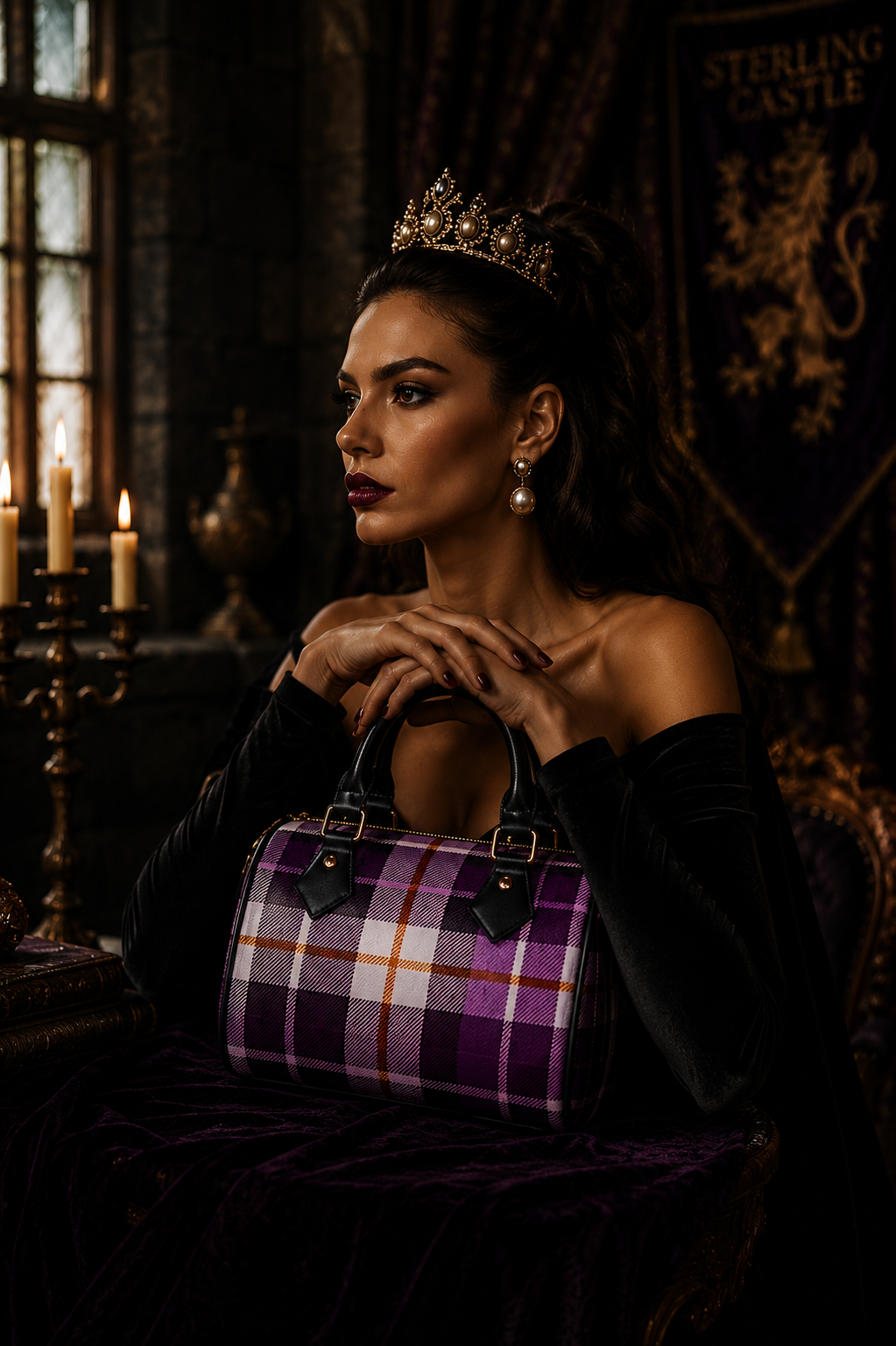 Amethyst tartan handbag with elegant evening outfit and royal style accessories