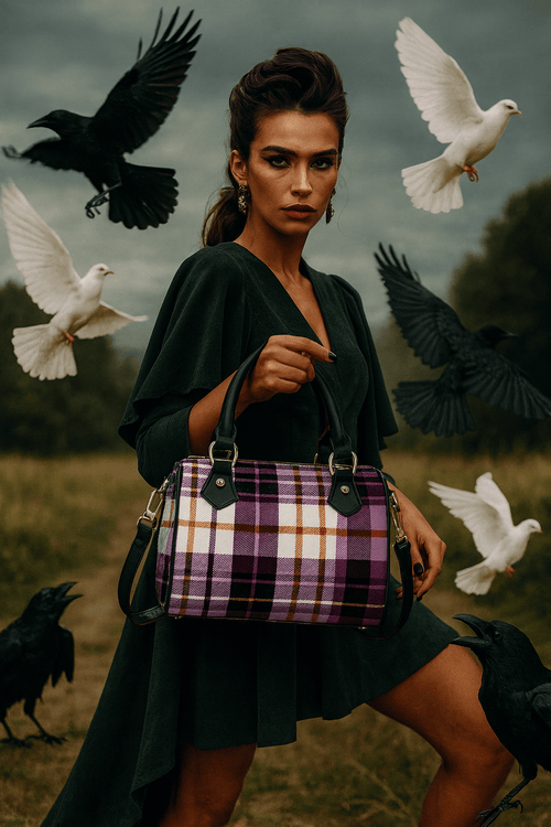Amethyst tartan handbag with elegant outfit for evening and stylish look