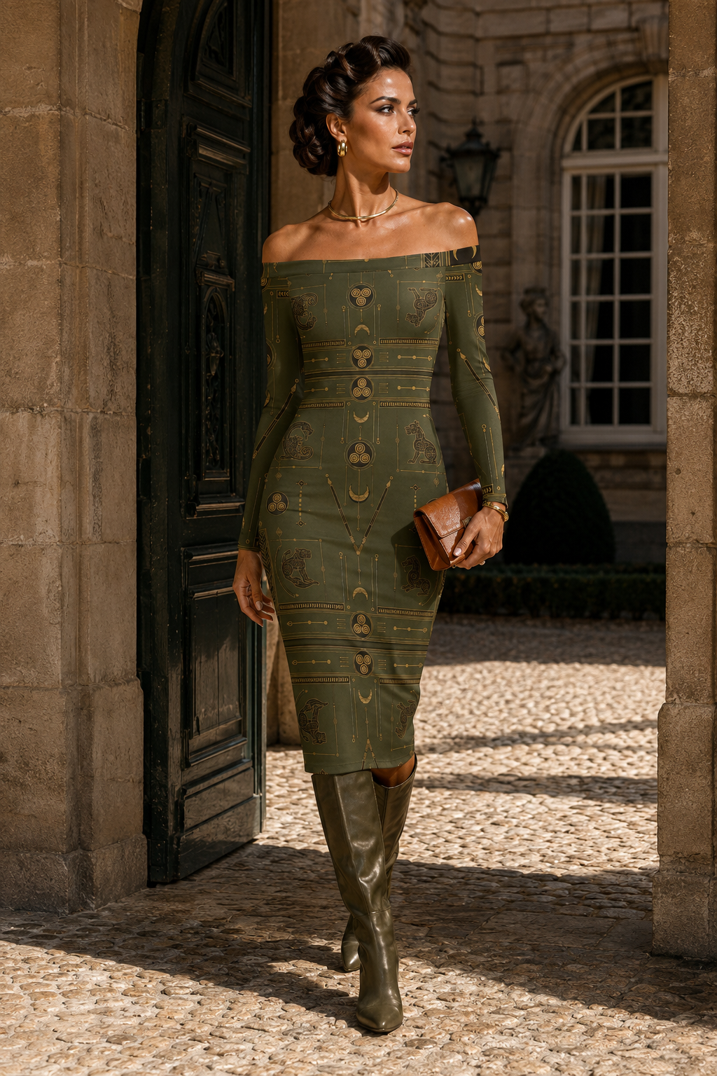 Ancient Pictish Khaki off-the-shoulder dress Elegant evening outfit with knee-high boots