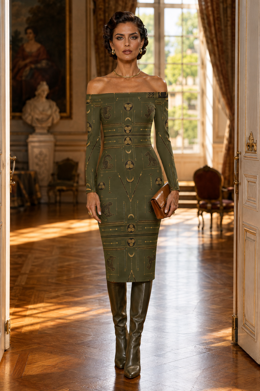 Ancient Pictish Khaki off-the-shoulder dress Elegant Evening Outfit with Boots