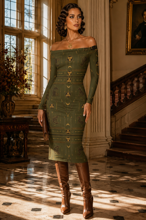 Ancient Pictish Khaki Off-The-Shoulder Dress Elegant Evening Outfit