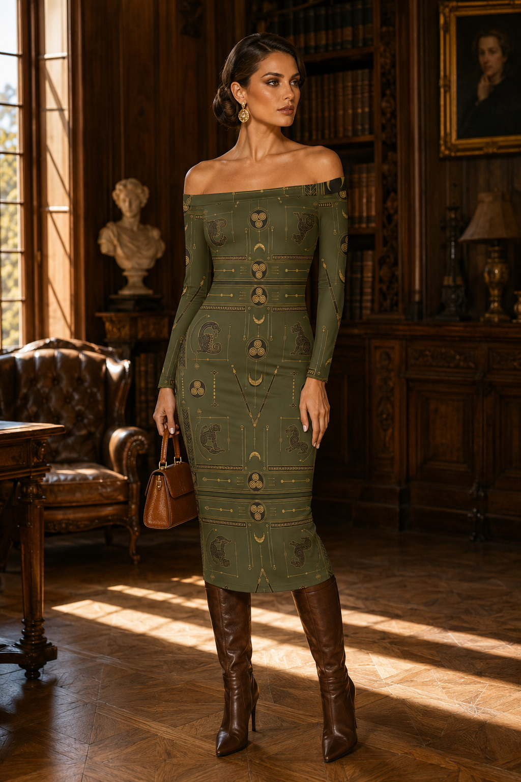 Ancient Pictish Khaki off-the-shoulder dress Elegant Evening Outfit Style