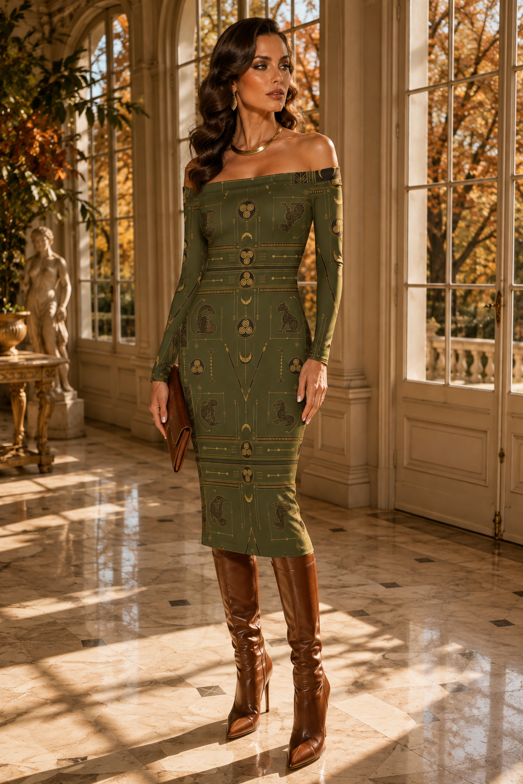Ancient Pictish Khaki off-the-shoulder dress elegant outfit for evening events