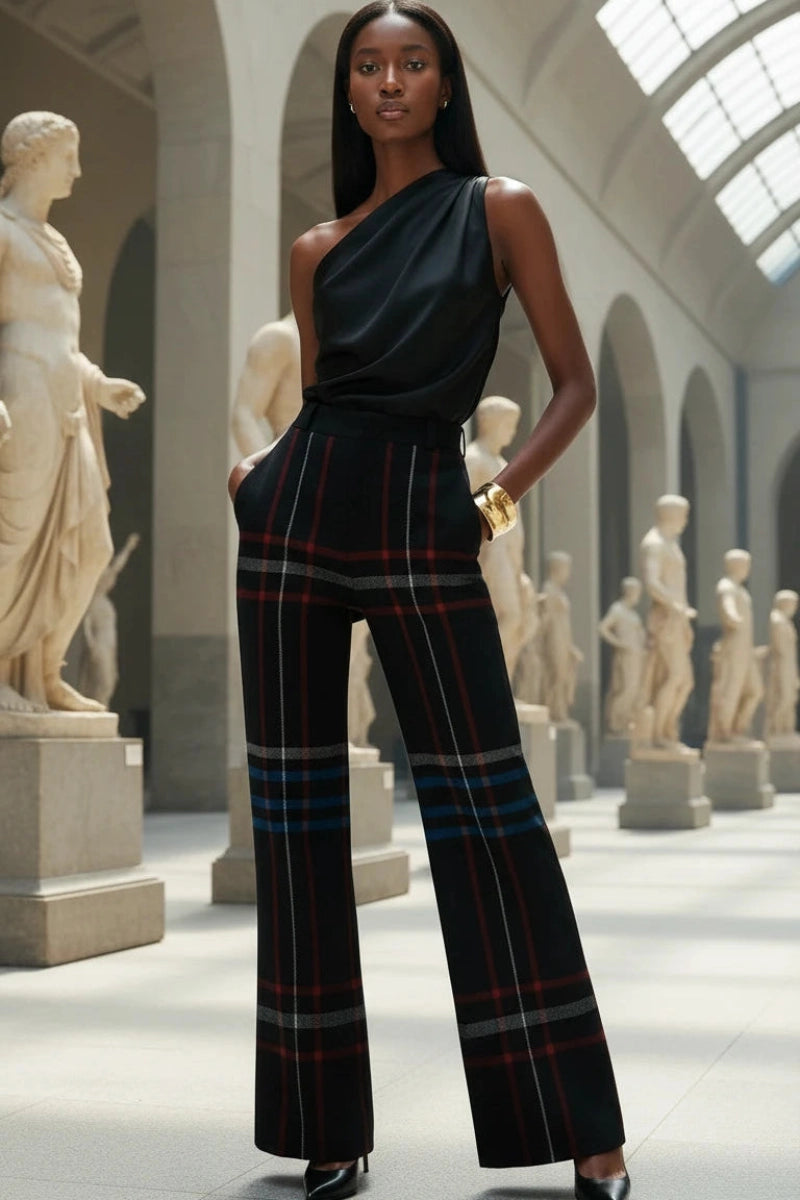 Black tartan high-waist wide-leg trousers for women by Angelic Blessings 