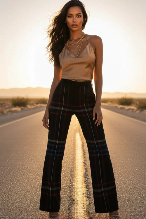 Black tartan high-waist wide-leg trousers for women by Angelic Blessings