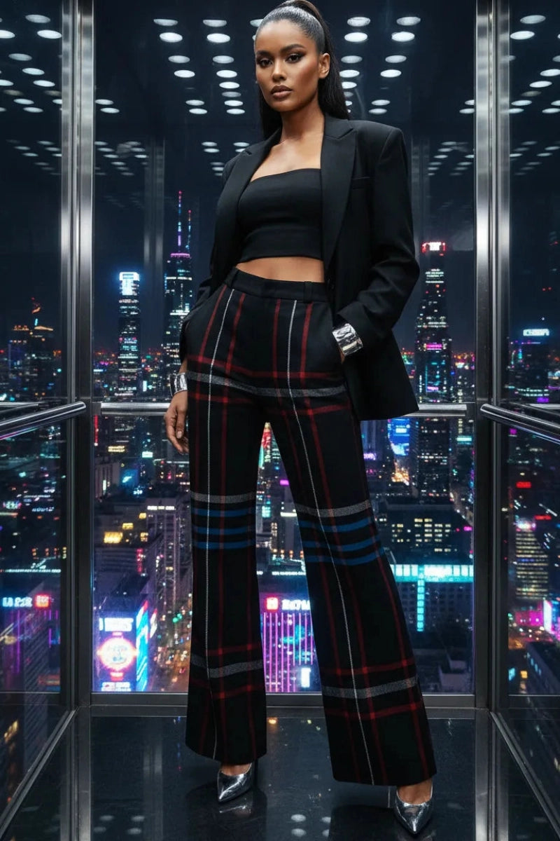 Black tartan high-waist wide-leg trousers for women with red and blue stripes