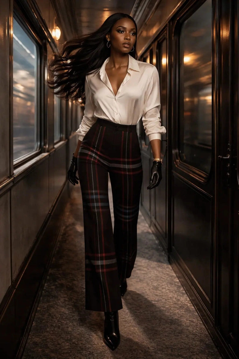 Dark tartan high-waist wide-leg trousers for women by Angelic Blessings Shop