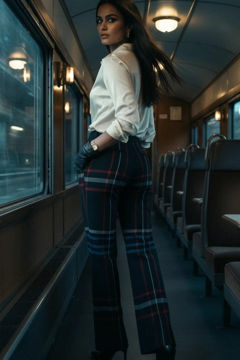 Navy tartan high-waist wide-leg trousers for women with red and blue stripes