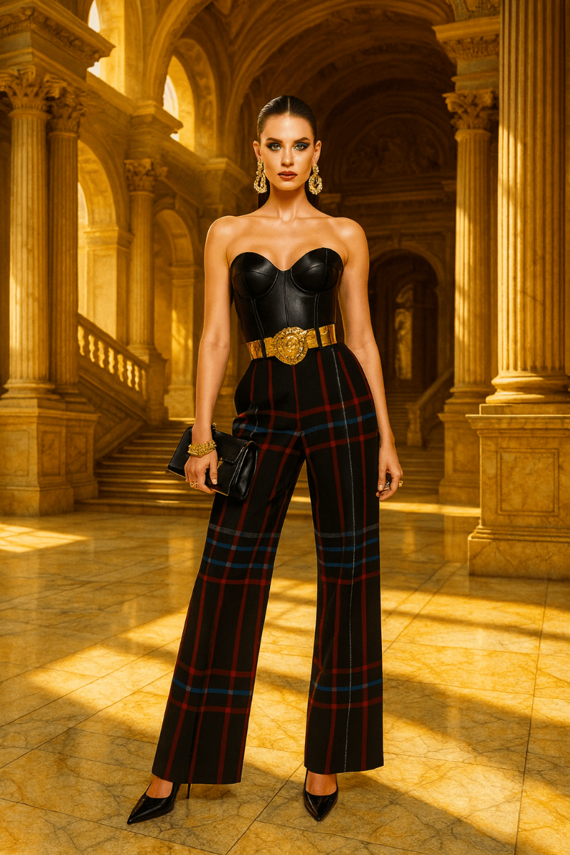 Black and red tartan high-waist wide-leg trousers for women formal wear