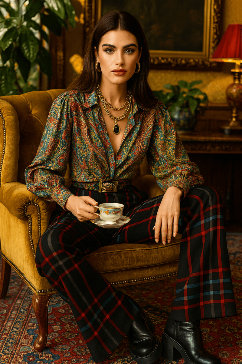 Black red tartan high-waist wide-leg trousers for women with belt and boots