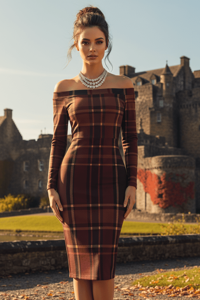 Braemar Belle dress plus size off shoulder tartan dress by Angelic Blessings shop worn by model outdoors near historic castle