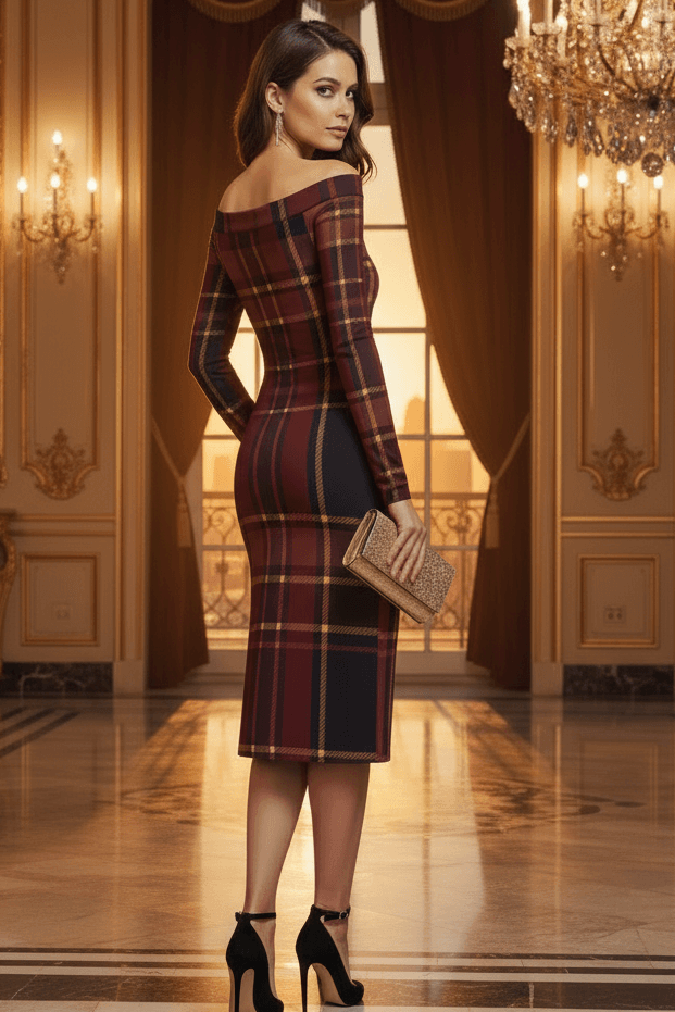 Braemar Belle tartan off shoulder midi dress by Angelic Blessings shop worn by a woman in an elegant room
