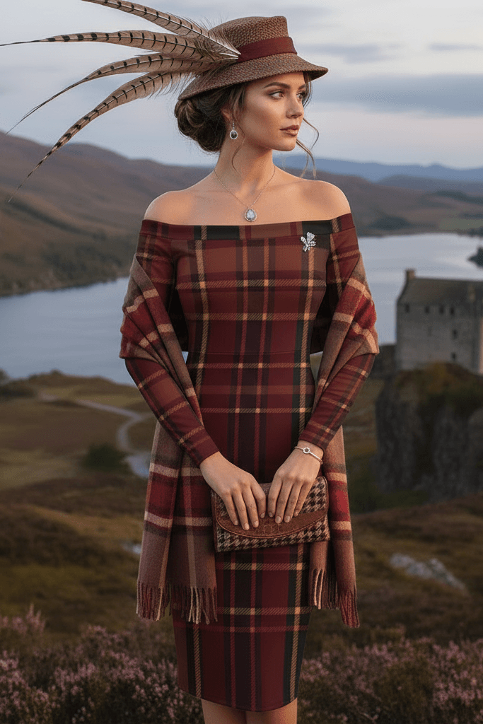 Braemar Belle tartan off shoulder midi dress by Angelic Blessings shop worn with matching shawl and hat in scenic landscape