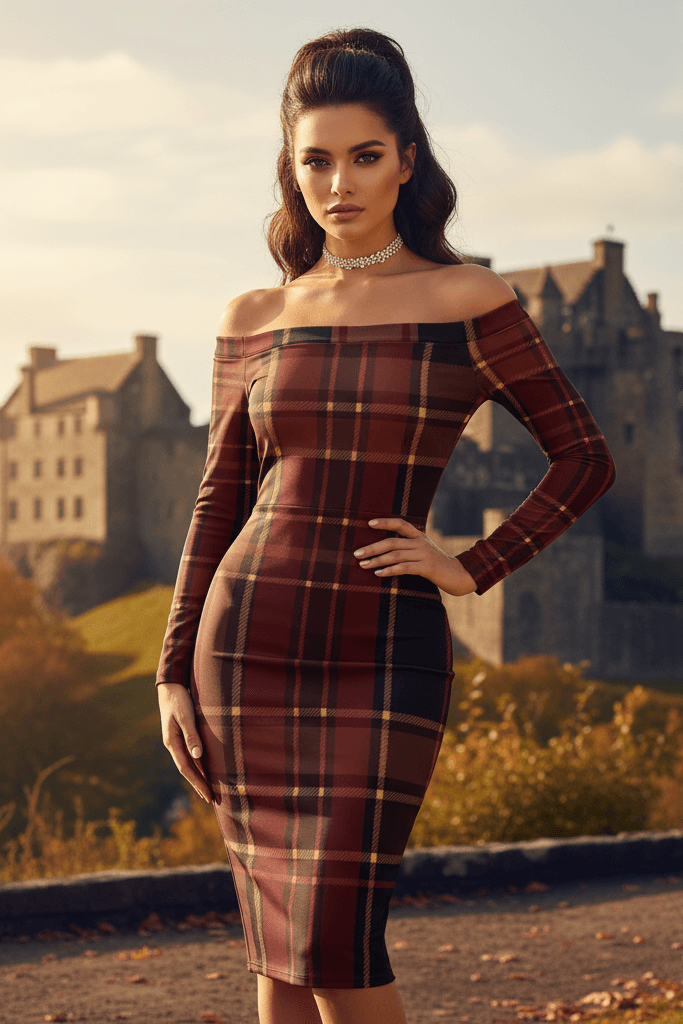 Braemar Belle tartan off shoulder midi dress by Angelic Blessings shop worn outdoors near historic castle