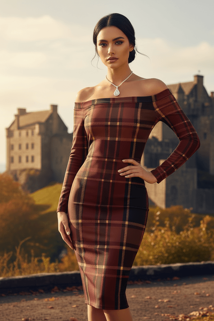 Braemar Belle tartan off shoulder midi dress by Angelic Blessings shop worn by model outdoors near historic castle