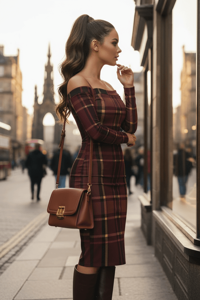 Woman wearing Braemar Belle tartan off shoulder midi dress by Angelic Blessings shop standing on city street
