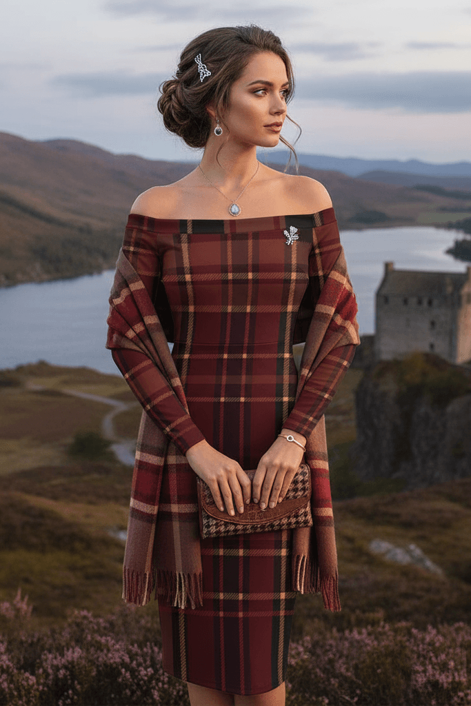 Braemar Belle tartan off shoulder midi dress by Angelic Blessings shop worn outdoors near a scenic lake and castle