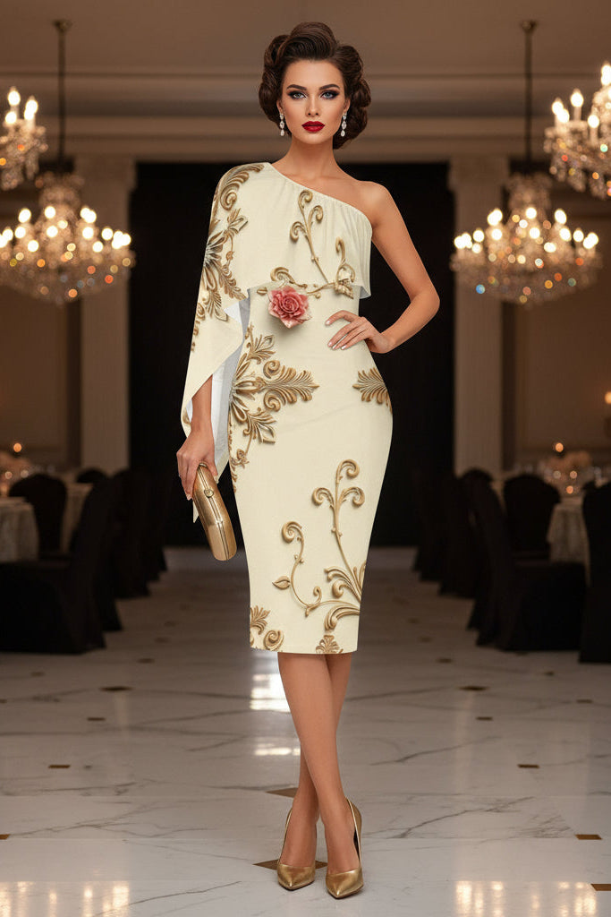 Ivory Rose One Shoulder Sleeve Evening Formal Wrap Dress-Angelic Blessings Shop worn in elegant ballroom setting