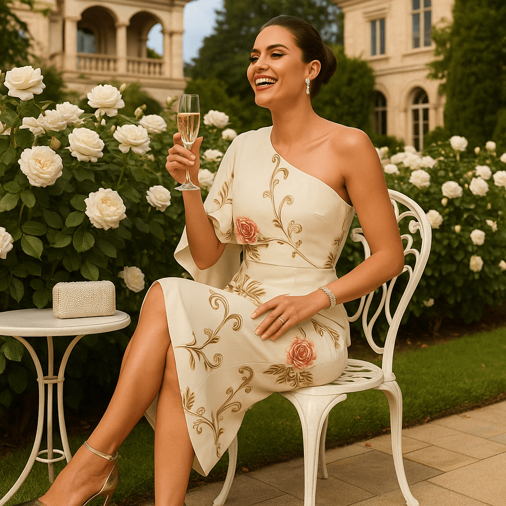 Elegant woman wearing Ivory Rose One Shoulder Sleeve Evening Formal Wrap Dress-Angelic Blessings Shop seated in garden with white roses