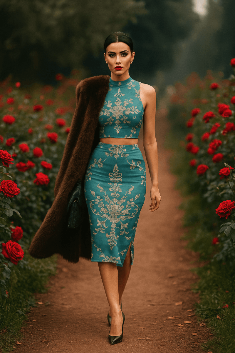 Aqua blue Baroque Co-Ord Set-XS-2XL Elegant Evening Outfit with Floral Pattern