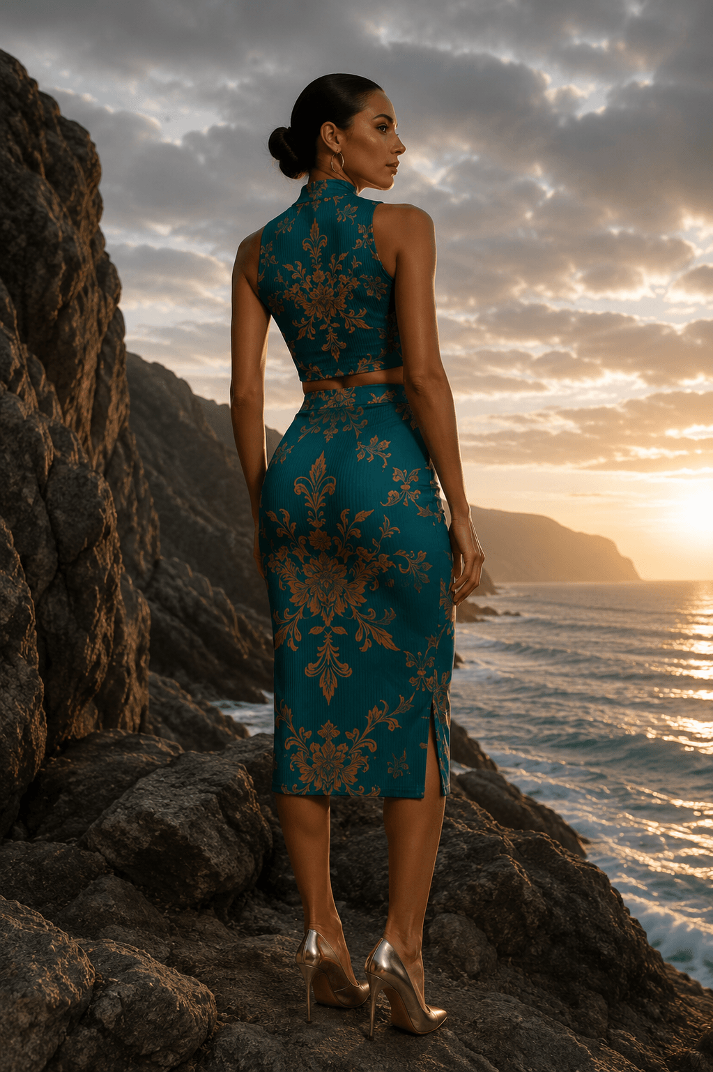 Aqua Blue Baroque Co-Ord Set-XS-2XL Elegant Evening Outfit with Gold Baroque Pattern