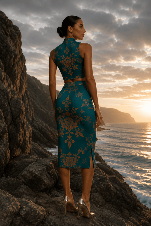 Aqua Blue Baroque Co-Ord Set-XS-2XL Elegant Evening Outfit with Gold Baroque Pattern