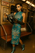 Aqua Blue Baroque Co-Ord Set-XS-2XL Elegant Evening Outfit with Floral Patterns