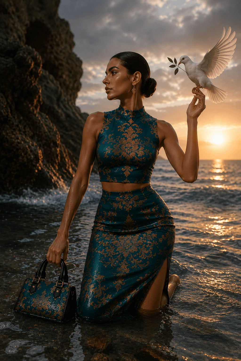 Aqua blue Baroque Co-Ord Set-XS-2XL elegant evening outfit with intricate design and slit skirt