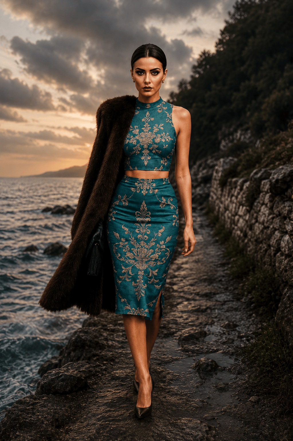 Aqua Blue Baroque Co-Ord Set-XS-2XL Elegant Evening Outfit with Floral Pattern