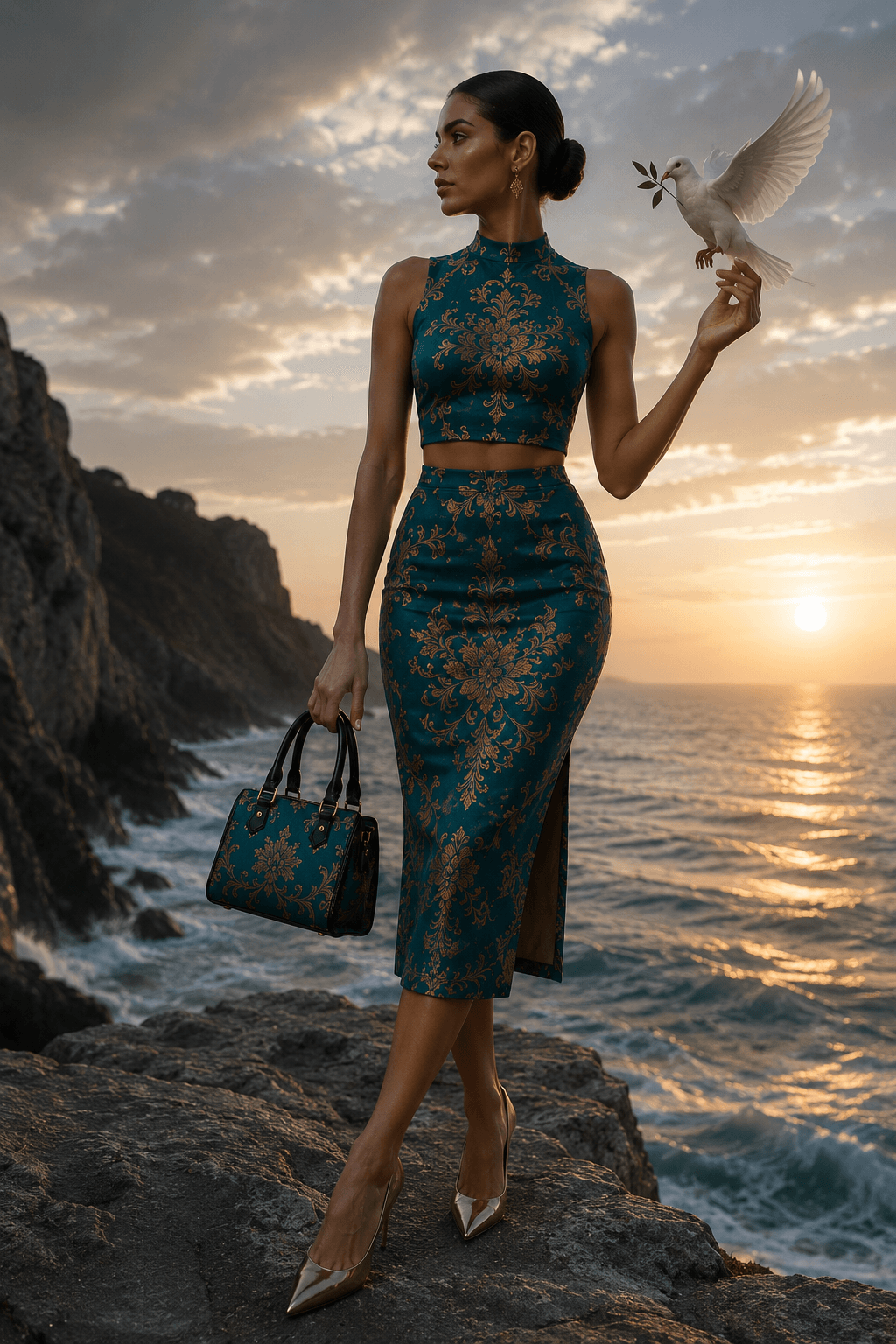 Aqua Blue Baroque Co-Ord Set XS-2XL Elegant Evening Outfit with Gold Accents