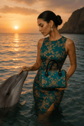Aqua Blue Baroque leather mini crossbody bag with elegant evening outfit by the sea