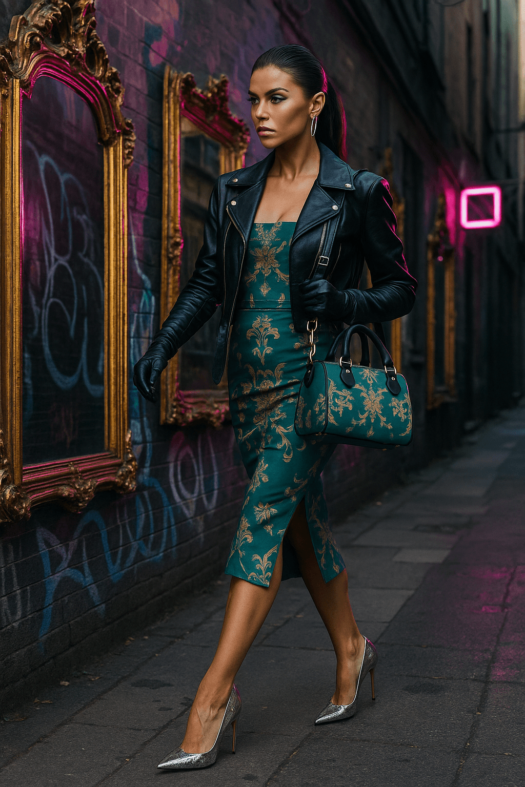 Aqua Blue Baroque leather mini crossbody bag with elegant evening outfit and stylish look